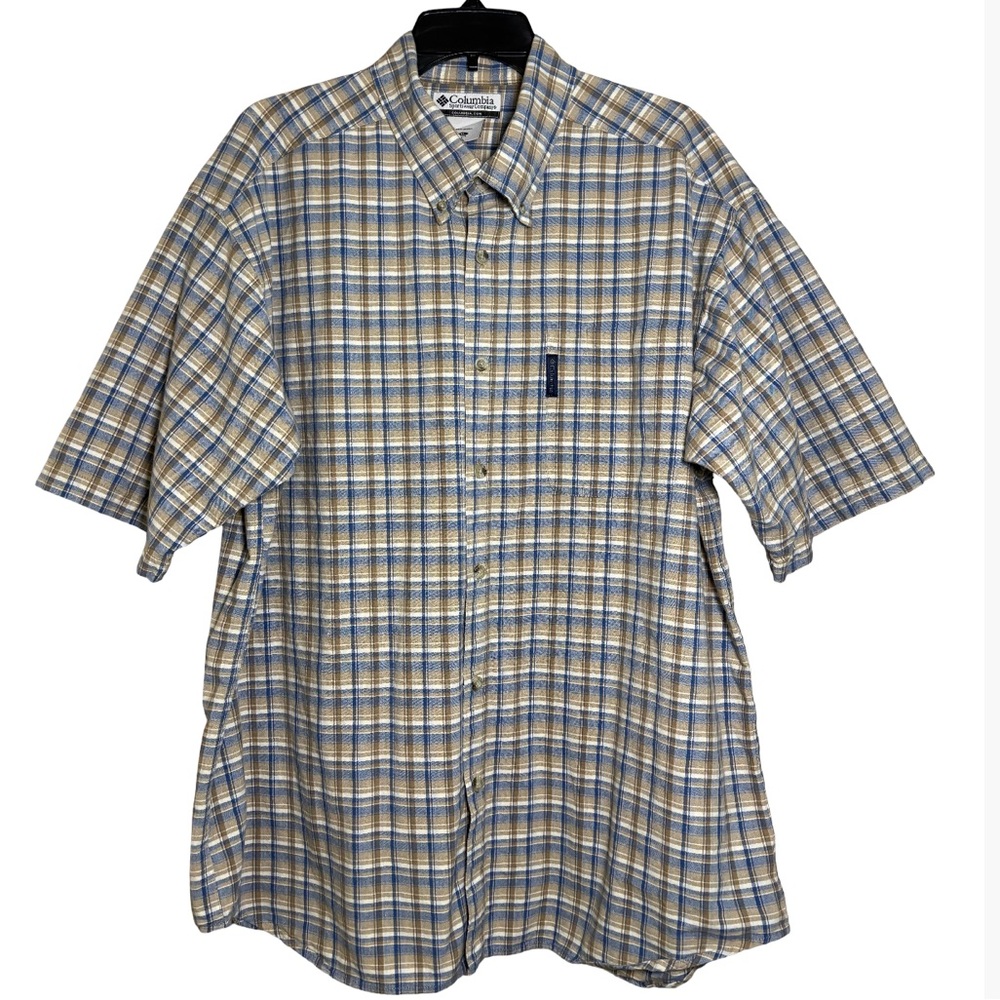 Columbia Sportswear Button Front Blue Tan Plaid Short Sleeve Shirt Men’s XL